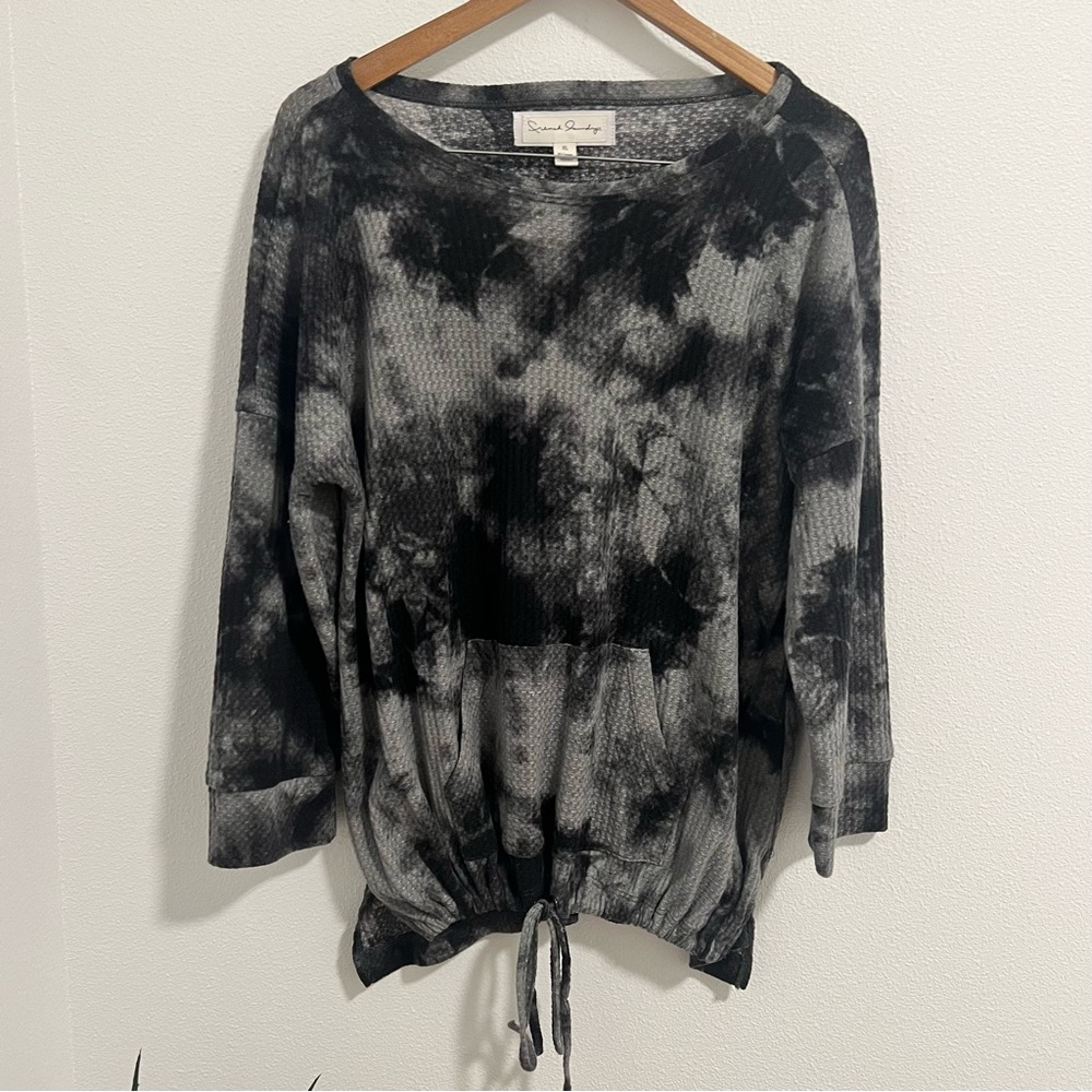 Comfy Shirt Waffle French Laundry Long Sleeve  Drawstring Gray Black